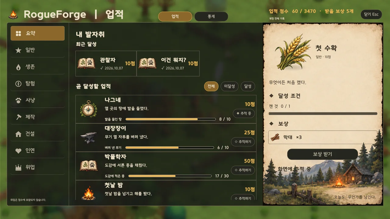 업적 창. 왼쪽에 분류, 가운데에 달성한 업적 목록, 오른쪽 카드에 고른 업적의 달성 조건과 보상 아이템 아이콘, 보상 받기 버튼이 보인다