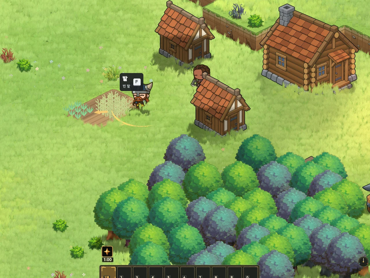 통나무집 마을 옆 밭과 모닥불, 주민들이 모인 RogueForge의 2D 마을